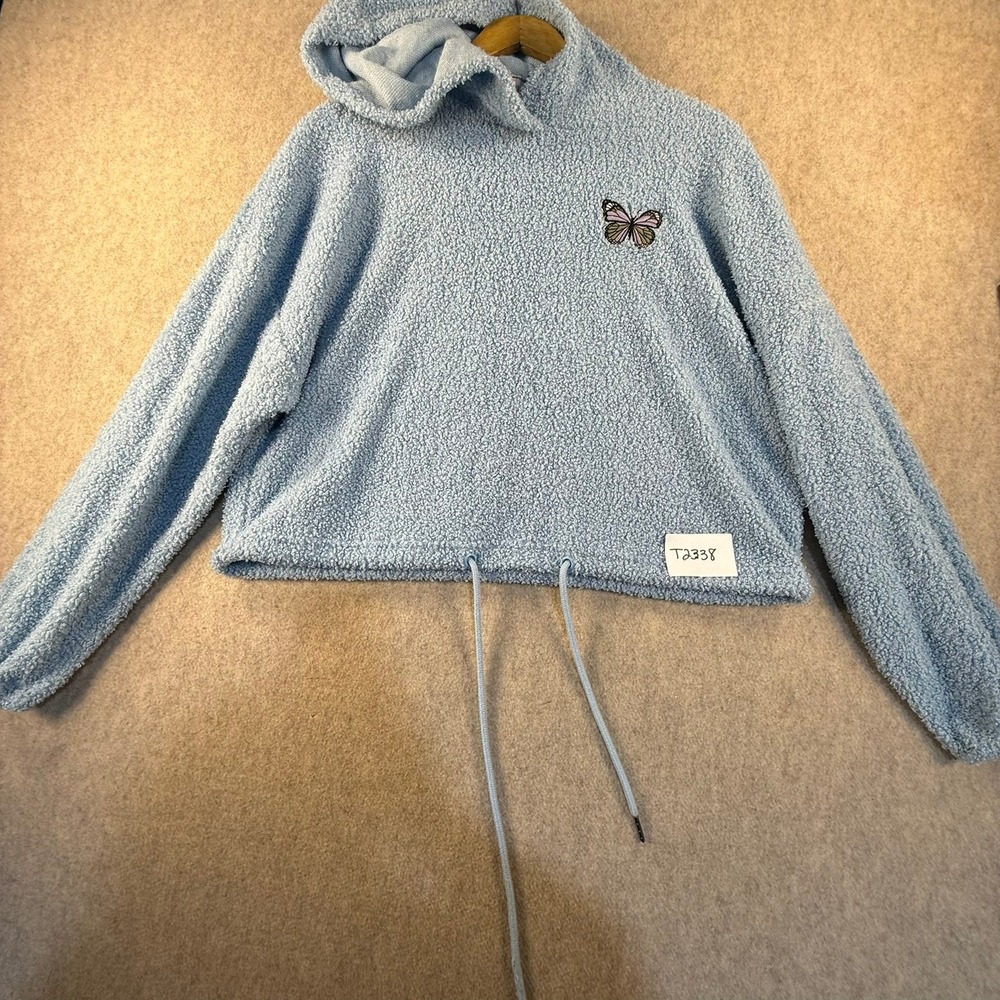 Polly & Esther Womens Blue Sherpa Cropped Hoodie Butterfly Embroidered Small